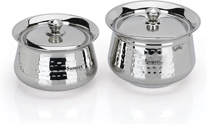 Sumeet Stainless Steel Handcrafted Hammered Texture Handi Set with Lid for Kitchen, Set of 2, 1300ml & 1700ml, Silver