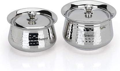 Sumeet Stainless Steel Handcrafted Hammered Texture Handi Set with Lid for Kitchen, Set of 2, 1300ml & 1700ml, Silver