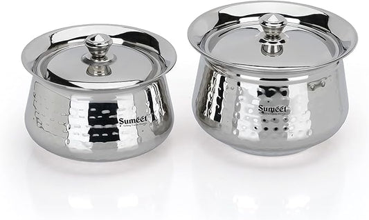 Sumeet Stainless Steel Handcrafted Hammered Texture Handi Set with Lid for Kitchen, Set of 2, 1300ml & 1700ml, Silver