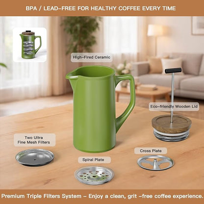 Ceramic French Press Coffee Maker, 22oz Single Serve Coffee Press with Walnut Wood Lid, Lead-Free, Food Grade Stainless Steel Filter with Dual Screen for Coffee and Loose Tea, Green