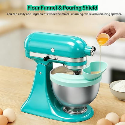 Flour Funnel with Pouring Shield for KitchenAid 4.5-6QT Mixer, Silicone Splash Guard with Flour Funnel for Kitchen Aid Mixer Tilt-Head and Bowl-Lift, Dishwasher Safe Baking Tool (Aqua Sky)