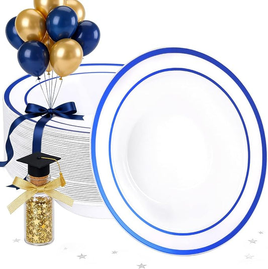 Goodluck 50 Pack Plastic Bowls with Blue Rim, 12oz Disposable Soup Bowls, Heavy Duty Dessert Bowls for Graduations, Weddings, Parties, Catering, and Everyday Use