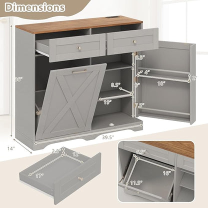 Giantex Kitchen Island with Tilt Out Trash Can Storage & Power Outlet, 39.5" W Island Table with 2 Drawers, 2-Tier Spice Racks, Adjustable Shelf for Dining Room, Laundry Room (Grey+Walnut)