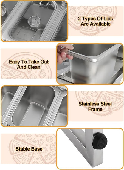 10 Pans Pizza Topping Station 2 Row Adjustable Pizza Storage Container Topping containers with Lids Condiment Organizers Buffet Containers Set for Restaurant Pizza Sauce Jam Fruit Ingredient