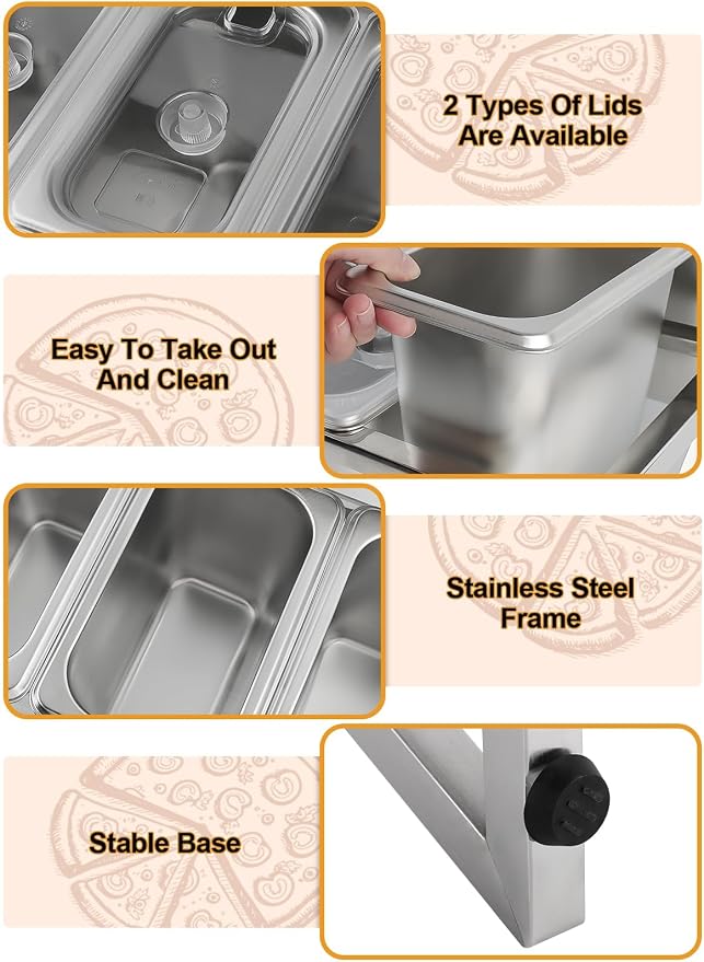 Pizza Topping Station 8 Pans Pizza Storage Container Topping containers with Lids Spoon Condiment Organizers Buffet Containers Set for Restaurant Pizza Sauce Jam Fruit Ingredient
