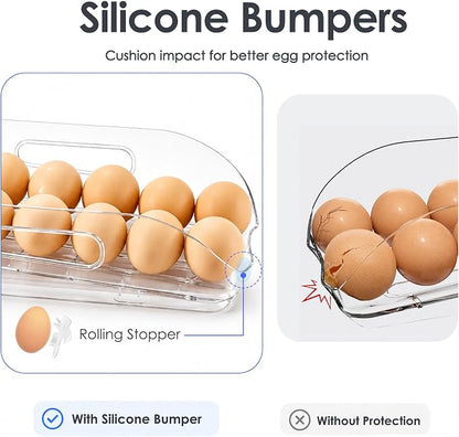 SMRCAD Egg Holder for Fridge, Automatic Steady Rolling Egg Container with Soft Bumpers & Handle for Refrigerator, Stackable Fridge Organizers and Storage with Lid
