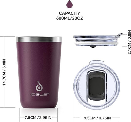 Ideus 20 oz Tumbler, Travel Coffee Mug with Splash Proof Sliding Lid, Double Wall Stainless Steel Vacuum Insulated Coffee Mug for Home and Office, Keep Beverages Hot or Cold, Red Violet