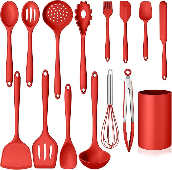 Homikit Kitchen Cooking Utensils Set with Holder, 15-Piece Silicone Spatula Set for Nonstick Cookware, 446°F Heat Resistant Spoon Turner Tong Whisk Brush for Cooking and Baking-Red