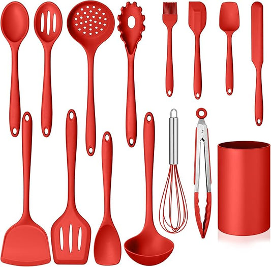 Homikit Kitchen Cooking Utensils Set with Holder, 15-Piece Silicone Spatula Set for Nonstick Cookware, 446°F Heat Resistant Spoon Turner Tong Whisk Brush for Cooking and Baking-Red