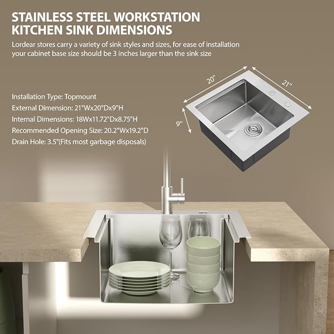 Lordear Drop In Outdoor Kitchen Sink Workstation with Pull-out Faucet 21" x 20" Bar Prep Sink 16 Gauge Stainless Steel Single Bowl Small Kitchen Camper Wet Bar Mobile Home RV Basin with Cover
