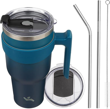 Konokyo 40 oz Tumbler with Handle and 2 Straw 2 Lid, Insulated Water Bottle Stainless Steel Vacuum Cup Reusable Travel Mug,Indigo Black