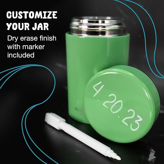 Nugbuddy Airtight Storage Container - Vacuum Sealed Insulated w Nested Glass Jar - UV Protection, Temperature Controlled Stainless - Stays Fresh - Whiteboard Finish w Marker Included - 300 ml (3/4 Oz)