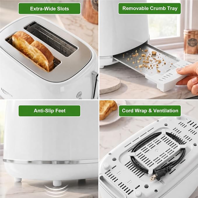 Keenstone Toaster 2 Slice, Retro Wide Slot Stainless Steel Toaster with 6 Browning Levels, Reheat & Defrost, for Bagel, Toast, Bread, Kitchen Essentials, Removable Crumb Tray, White