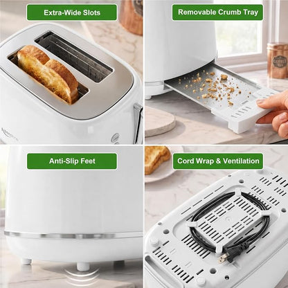 Keenstone Toaster 2 Slice, Retro Wide Slot Stainless Steel Toaster with 6 Browning Levels, Reheat & Defrost, for Bagel, Toast, Bread, Kitchen Essentials, Removable Crumb Tray, White