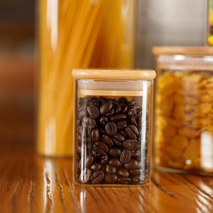 SHOWIN Glass Food Storage Jars Square 8oz, 12 Pack Glass Jars With Bamboo Lids, Kitchen Storage Containers For Spice, Candy, Cookie, Storage For Pantry Organizers