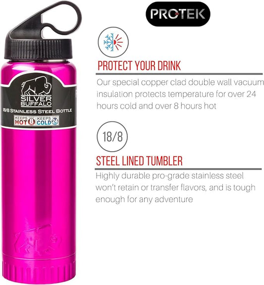 Silver Buffalo Double Walled Vacuum Insulated Stainless Steel Water Bottle, 20 Ounces, Magenta