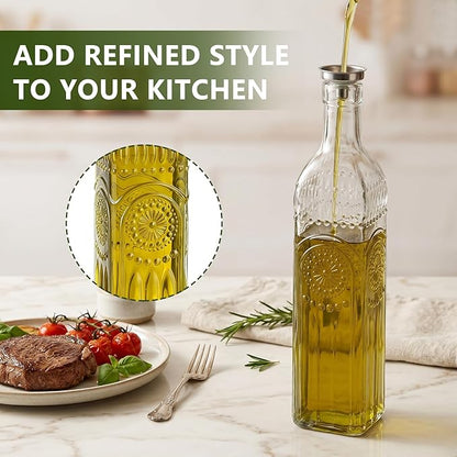 WERTIOO Olive Oil Dispenser Bottle for Kitchen,17oz Clear Glass Cooking Olive Oil and Vinegar Dispenser with Funnel, Delicately Engraved Glass Bottles for Kitchen