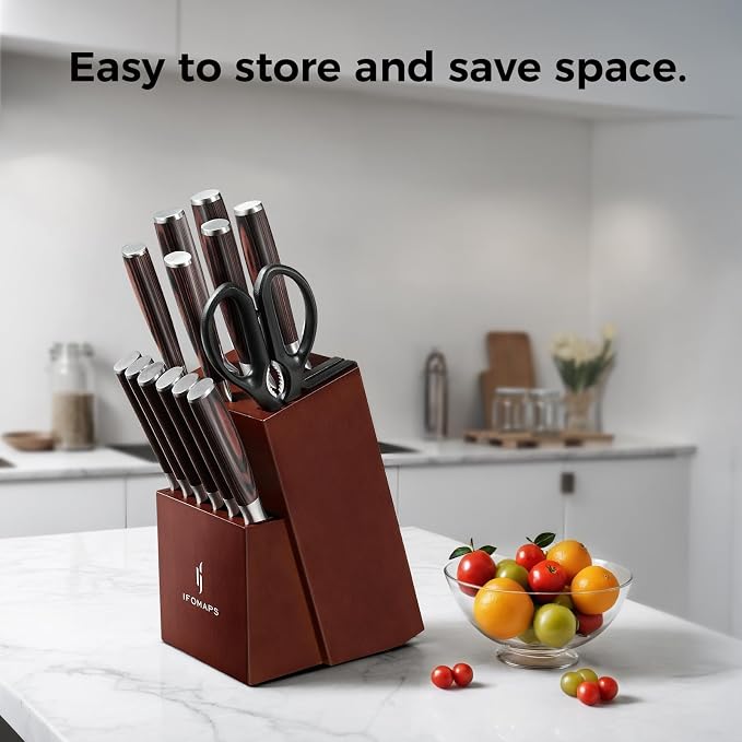 15-Piece Knife Set with Block for Kitchen, with Built-In Sharpener, Stainless Steel Ultra Sharp Blades, Ergonomic Pakkawood Handle, Essentials Chef Knives Set