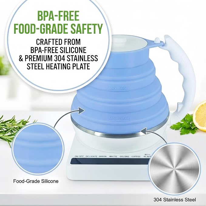 Collapsible Travel Tea Kettle with Temperature Control, Portable Electric Tea Kettle, Collapsible Water Kettle with Detachable Base, BPA-Free Silicone, Keep Warm & Auto Shut-Off, 555ml 110V Blue