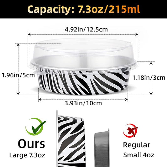 Beasea Disposable Ramekins with Lids, 120 Pack 7.3oz Mini Pie Tins Small Aluminum Foil Pie Tart Cake Baking Pans Individual Round Creme Brulee Containers for Party - Zebra Stripes
