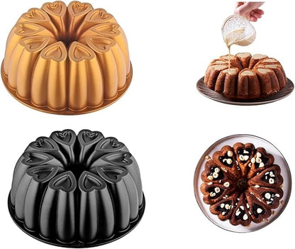 Heart Shape Aluminum Cake Pan, Titanium Coating, Non-Stick, 12 Cups, Gifts for Mom, 10 Inch Baking Mold, Cast Aluminum Fluted Tube Pan, Easy to Clean (2-Pack, Black-Gold)