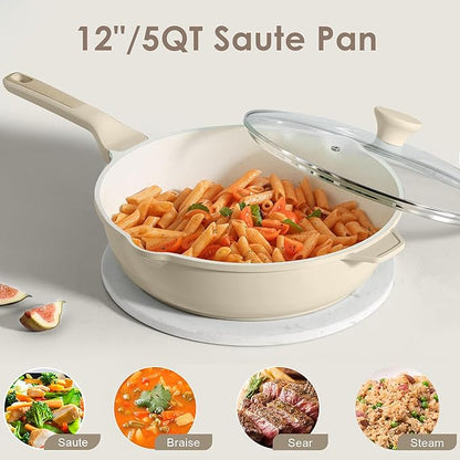 SENSARTE Nonstick Saute Pan with Lid 12-inch/5QT, Non Toxic Ceramic Deep Frying Pan, Dishwasher Safe Skillet with Stay-cool Handle, Healthy Cooking Pot, Induction Compatible, Cream White