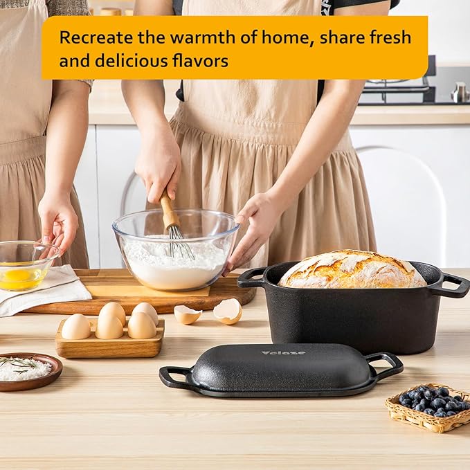 Velaze 3.6QT Dutch Oven for Bread Baking,Oval Cast Iron Bread Oven Pan with Lid and Offset Handles,Oven Safe to 500°F for Homemade Sourdough Bread(Black)