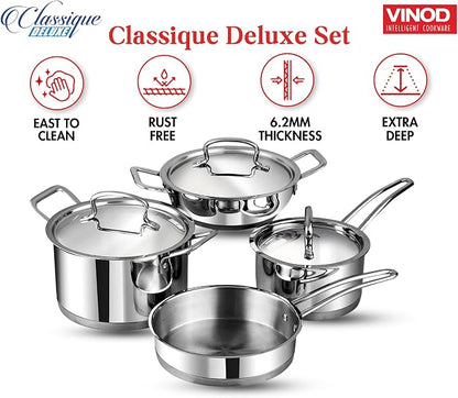 Vinod Classic Deluxe Stainless Steel Cookware Combo Set of 4 Pcs/Saucepan, Saucepot, Kadai and Frypan/Deep Kadhai for Cooking/Heavy Induction Bottom