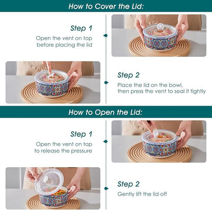 vancasso 36 oz Ceramic Bowls with Lids Set of 4, 6 Inch Food Storage Containers & Prep Bowls for Leftovers, Soup, Cereal, Meal Prep, Office Lunch, Microwave & Dishwasher Safe, Series SIMI