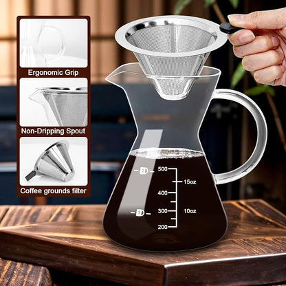 17oz/500ML Glass Pour Over Coffee Maker & Stainless Filter | Double Stainless,Thickened Heat-Resistant Borosilicate Glass,Plastic Free Pour Over Coffee Dripper for Home,Camping