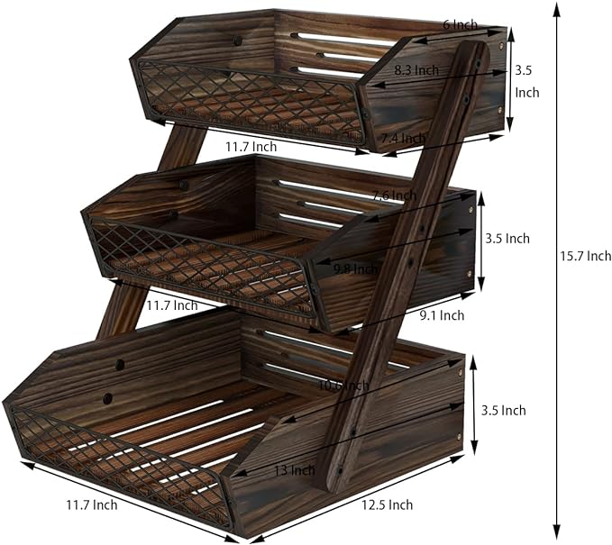 Dorhors Fruit Basket for Kitchen,Fruit Bowl,Kitchen Counter Organizer,Wooden Vegetable Holder for Countertop,Bread Storage Basket Stand(3 Tier)