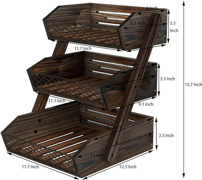 Dorhors Fruit Basket for Kitchen,Fruit Bowl,Kitchen Counter Organizer,Wooden Vegetable Holder for Countertop,Bread Storage Basket Stand(3 Tier)