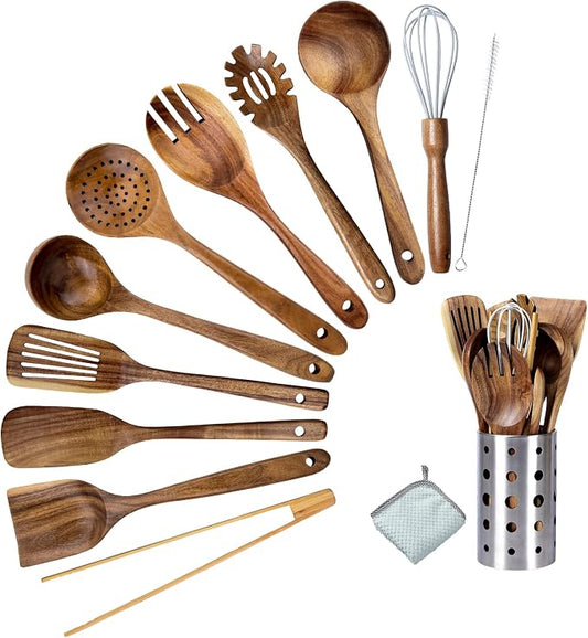 Premium Teak Wood Kitchen Utensil Set - 11-Piece Heat-Resistant Cooking Tools with Storage Holder, Non-Stick Wooden Spoons, Ladle, Turner, and More