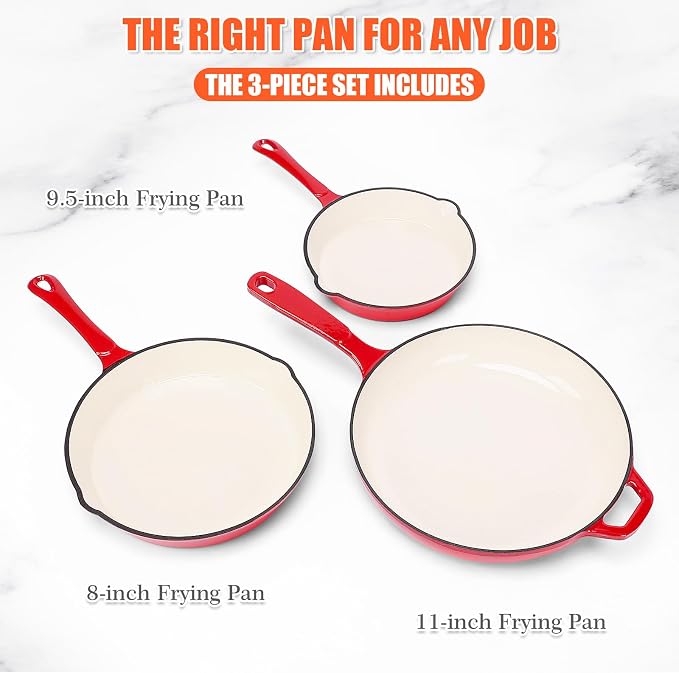 Nonstick Enameled Cast Iron Cookware - 3 Frying Pan Set 8-Inch, 9.5-Inch Frying Pan, Healthy Non Toxic Cooking, PFOA PFAS PTFE Free, Compatible with All Stovetops, Red