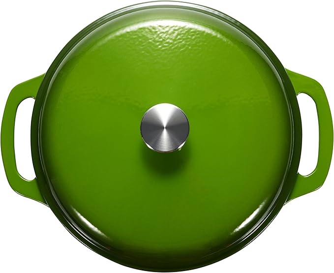 Amazon Basics Enameled Cast Iron Dutch Oven Pot with Lid, Round, Dual Handles, Heavy-Duty, Oven Safe for Stews, Roasting, Baking, 7.3-Quart, Green