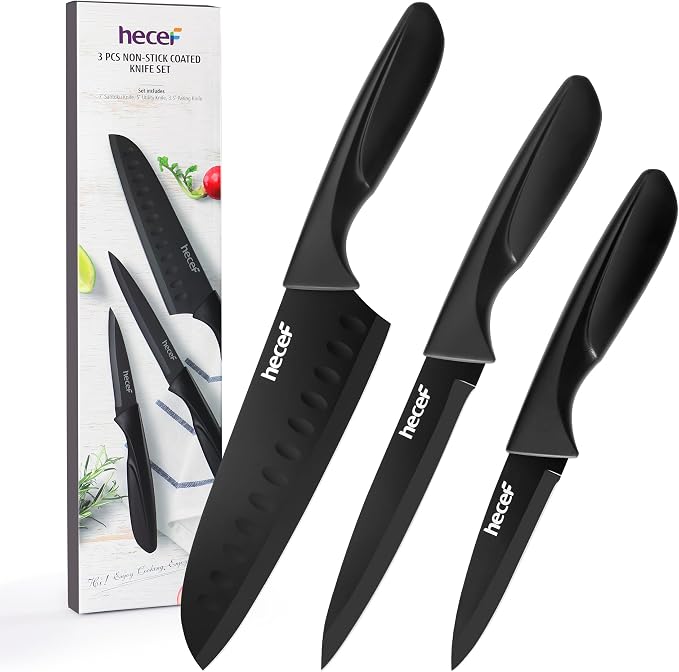 hecef Black Kitchen Knife Set of 3, Sharp Knives with Stainless Steel Blade, Lightweight Handle, Non-stick Coating Set Includes 7", 5", 3.5" Knives