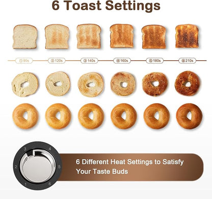 Mecity Toaster 2 Slice Stainless Steel Body, Timer, Bagel, Defrost, Reheat, Cancel Functions, Warming Rack, Removable Tray, 6 Browning Settings, Extra Wide Slots, Bread Toaster, 120V 800W Black