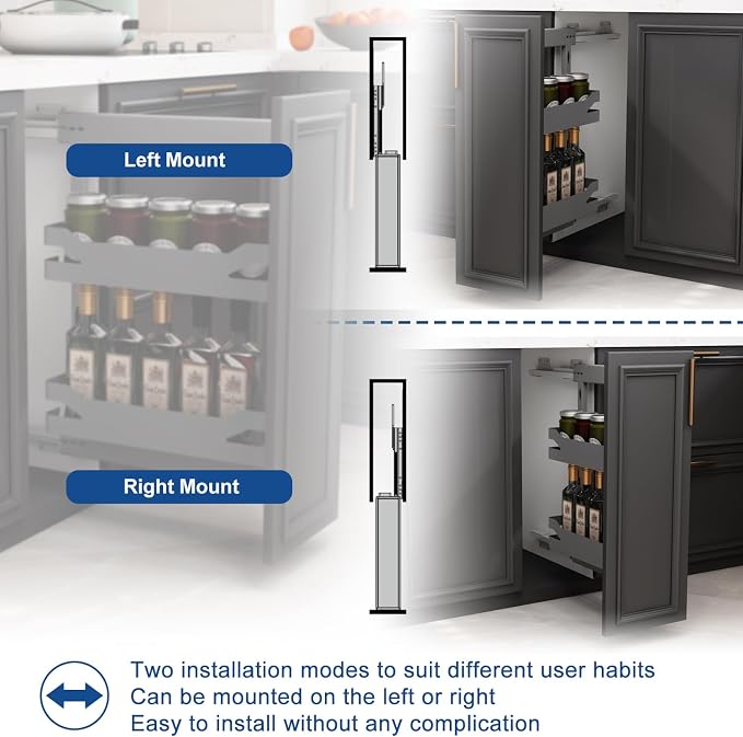 VADANIA Naro Pull Out Cabinet Organizer with Solid Metal Trays, 2-Tier Spice Rack for 10" Base Cabinets, Soft Close Full-Extension Slides, Reversible Left or Right Side Mount