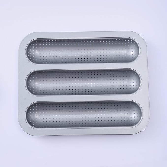 Metal Sub Roll & Hoagie Roll Baking Pan 12 inch, 3-Slot Perforated French Bread & Mini Baguette Pan, Nonstick Carbon Steel Bread Baking Tray for Homemade Subs & Sandwich Rolls