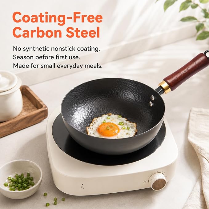 WANGYUANJI 8 Inch Carbon Steel Wok Pan with Lid, Small Hammered Flat Bottom Wok for 1–2 Servings, Removable Beechwood Handle, Coating-Free Stir Fry Pan for Gas, Electric & Induction Cooktops