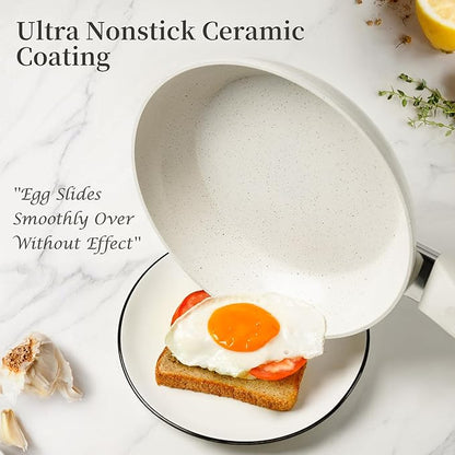 Ceramic Frying Pan Set with Lid - Non Stick Frying Pan with Lids, White Frying Pans Nonstick With Lid, Induction Skillet Set Egg Omelet Skillet Pan W/Lid, Healthy No Toxic Cookware Set, PFOA&PFAS Free