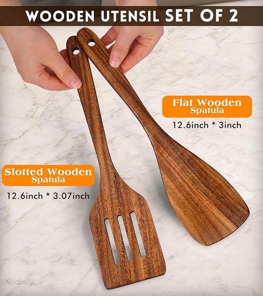 2Pcs Wooden Spatula, Acacia Wooden Spatula for Kitchen Use, Nonstick Cookware Safe Utensils Set including Turner and Slotted Turner, Ideal Cooking Utensils Gift Set for Cooking, Frying, Baking