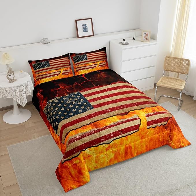 Manfei Burning Flame 3 Pcs Queen Size Comforter Set,American Flag Down Alternative Adults Room Decor,Firefighter Ultra Soft Microfiber Inner Fill 3Pcs Bedding