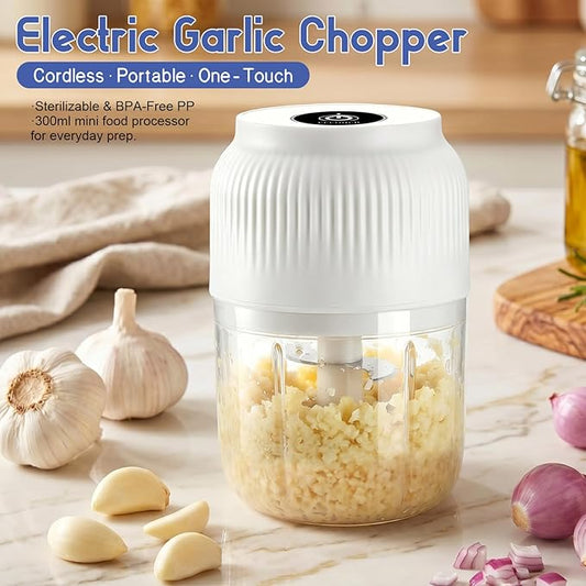 Electric Garlic Chopper, 2026 New Mini Food Processor & Food Chopper for Kitchen, Portable Cordless Garlic Mincer with 4 Stainless Steel Blades, Small Vegetable Chopper for Onion Salad (300ML White)