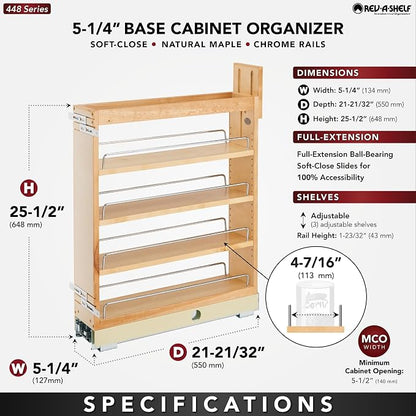 Rev-A-Shelf 5" Pullout Shelf Organizer for Kitchen and Bathroom Base Cabinets, Wooden Slide Out Spice/Medicine Rack with Soft-Close, 448-BCBBSC-5C