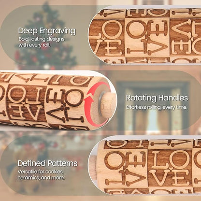 LOVE Embossed Rolling Pins for Cookies, Wooden Engraved Rolling Pins for Baking, Valentine Patterned Embossing Rolling Pin with Designs Decorative Springerle Cookie Mold Stamp Clay Pattern Roller