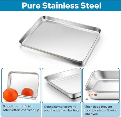 TeamFar Baking Tray with Rack, 12.3 x 9.7 x 1 Inch Stainless Steel Toaster Oven Baking Pan with Grid Rack for Baking Roasting Cooling, Healthy & Heavy-Duty, Oven & Dishwasher Safe, 2pcs