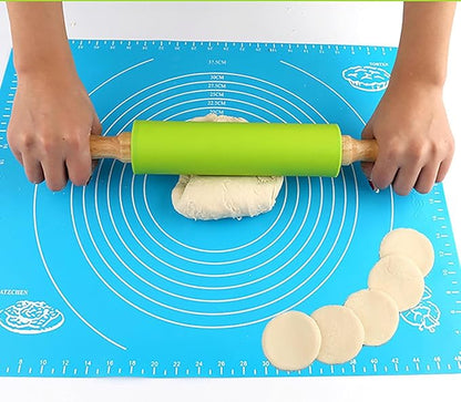 Green Rolling Pin, 11.4 Inch Silicon Rolling Pin with Wooden Handle for Kneading the Dough of Baking Bread, Pizza, Cookie, Noodles (green, 12 inch)