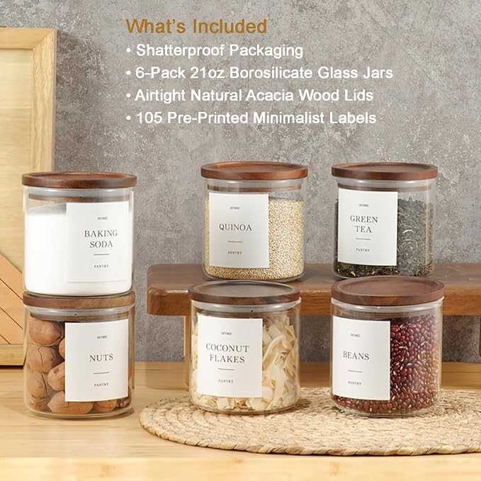 Set of 6 Glass Pantry Jars with Acacia Wood Lids, 21oz Airtight Pantry Storage Containers with 105 Labels, Glass Kitchen Canisters for Coffee, Tea, Sugar, Spice