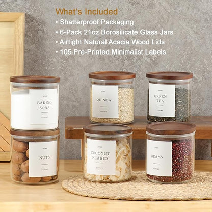 Set of 6 Glass Pantry Jars with Acacia Wood Lids, 21oz Airtight Pantry Storage Containers with 105 Labels, Glass Kitchen Canisters for Coffee, Tea, Sugar, Spice